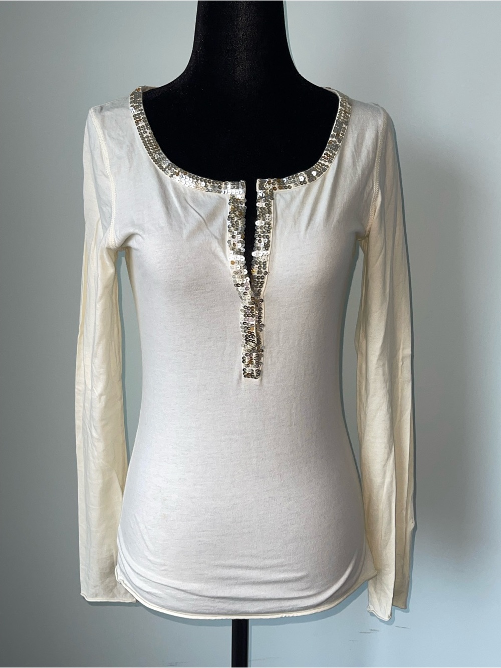 Cream Long-Sleeve Sequin Trim Top